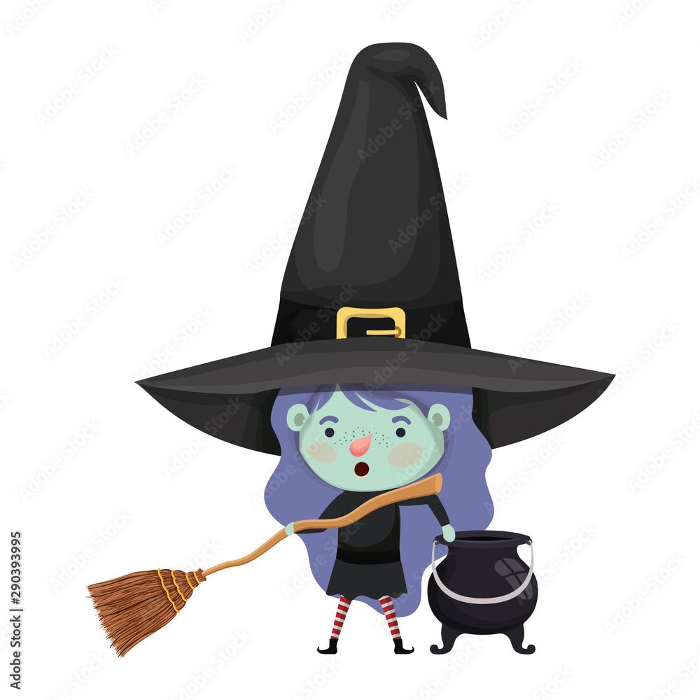 cute little girl with witch costume and cauldron