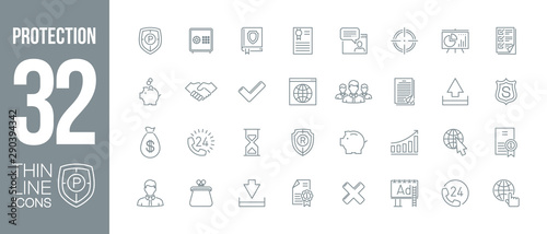protection, security and warranty business outline flat icons set. Thin line design defender logo. icon business protection pictogram set isolated on white. outline logo symbols for web mobile app