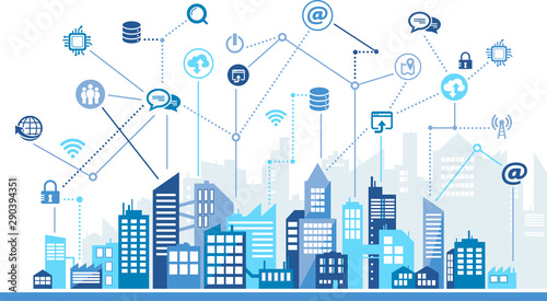 IT technology icon concept with city background - online data / wireless internet / cloud computing / blockchain / ai: vector illustration