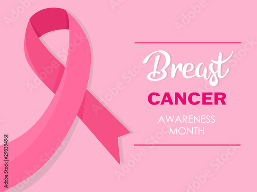 Pink ribbon, breast cancer awareness symbol. Vector illustration in flat style with lettering.