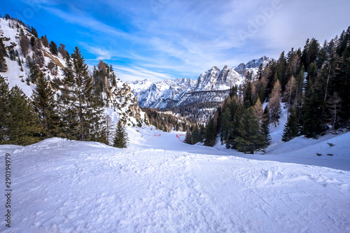 Winter landscape in Dolomites at Cortina D'Ampezzo ski resort, Italy