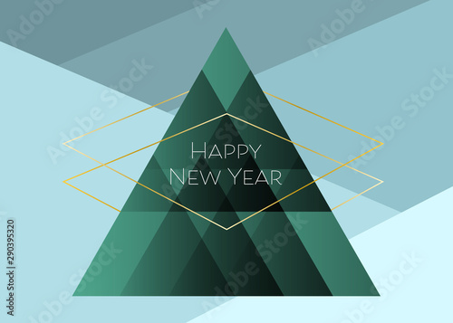 Abstract green Christmas tree background with gradient triangles and golden rhombus frame. Happy New Year illustration for banner decoration, greeting card and calendar design