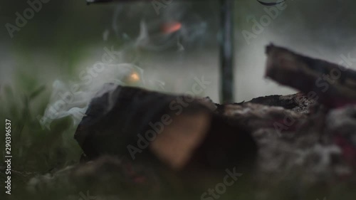 Close up, smoldering campfire