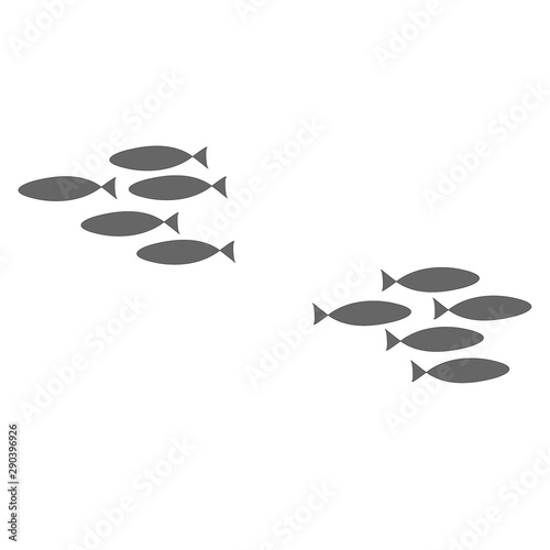 The concept of discord in society. Fight of clans, resentment against friends. Silhouette of a flock of fish swimming on a white background. Coloring on the theme of marine fauna. Vector illustration.