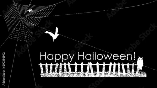 Lettering Happy Halloween! Text Banner, Webs and Spider, bats, witch, owl and big moon, October 31 Greeting Card, Vector Illustration.
