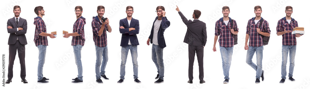 panoramic collage of self-motivated young man .isolated on white panoramic collage of self-motivated young man .isolated on white