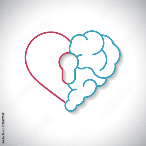 Emotional brain lock security. Broken Heart and Brain with key hall vector flat modern icon logo vector design. Interaction between soul key for intelligence, emotions,  divorce,  rational thinking