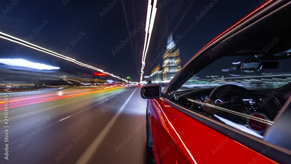 Timelapse video View from Side of Car moving in night city, Blured road ...