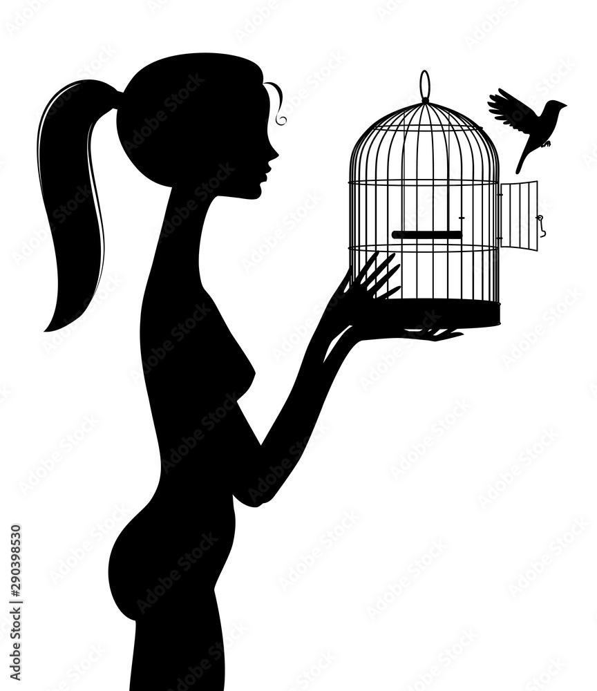 Silhouette of naked girl releases a bird from a cage Stock Vector | Adobe  Stock