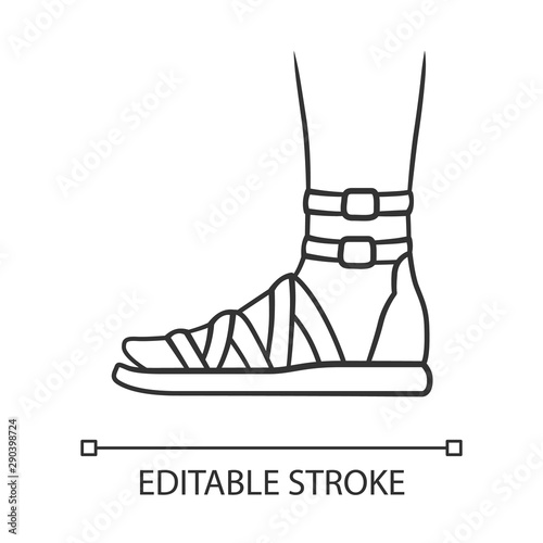 Gladiator sandals linear icon.. Woman stylish footwear design. Female casual shoes, modern summer flats. Editable stroke. Thin line illustration. Contour symbol. Vector isolated outline drawing
