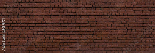 Red Old Brick Wall, Panorama. Dark Brown Bricklaying Background Or Texture. Copy Space For Text Or Graffiti, Web Banner.