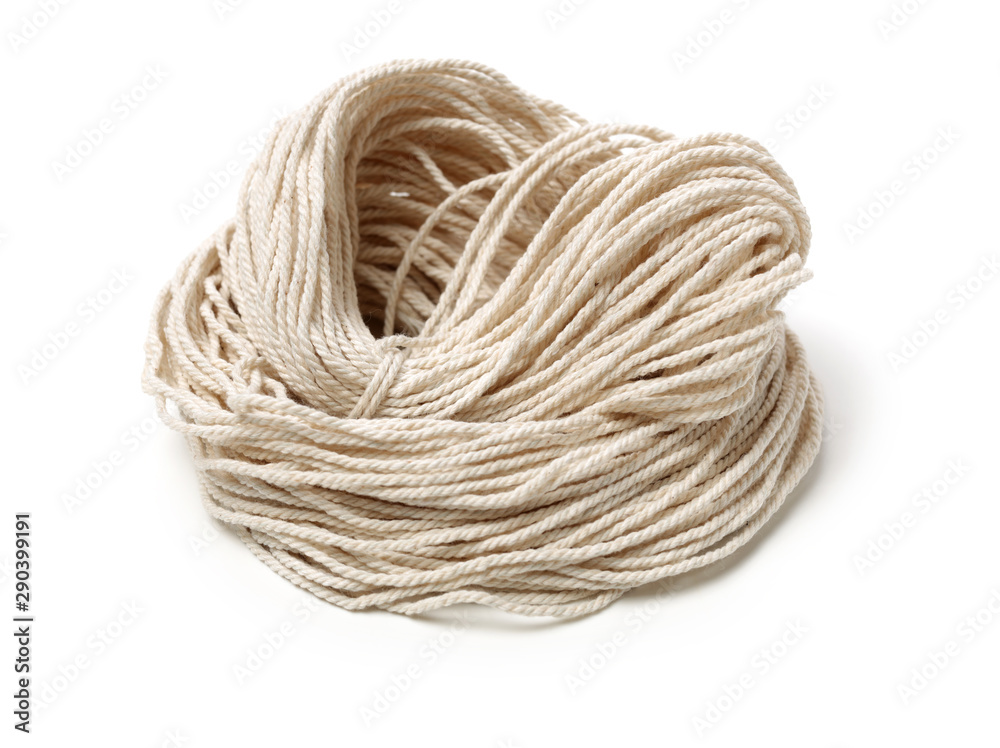 Linen rope roll on white background