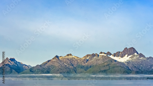 Snow remains on a mountain top after the summer melt in Alaska.