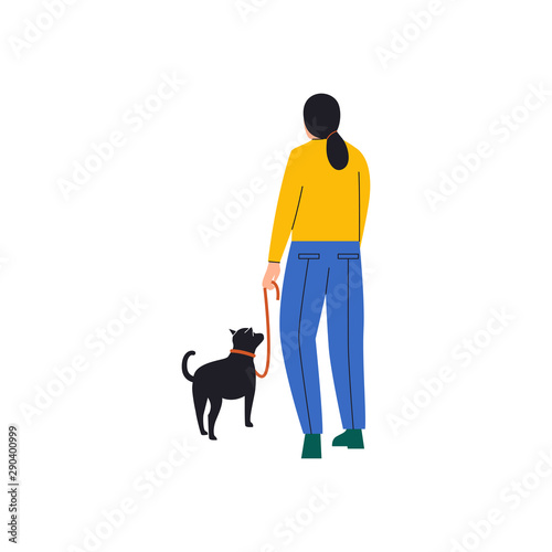 Woman walking her dog. Woman and dog walking a view from back. Flat vector illustration