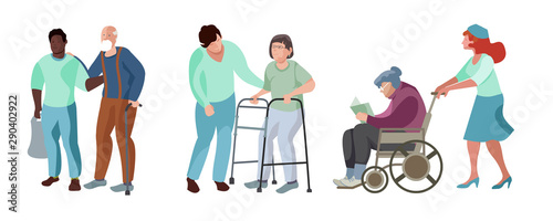 Disabled people who have help from medical staff. Set, disabled person enjoying