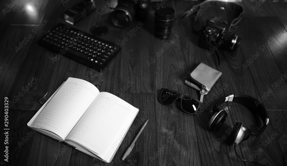 Fototapeta premium The photographer's desk, digital camera accessories