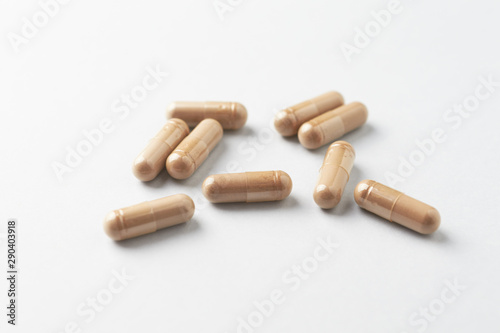 Reishi Mushroom capsules. Concept for a healthy dietary supplementation. White background. Close up. Copy space. 