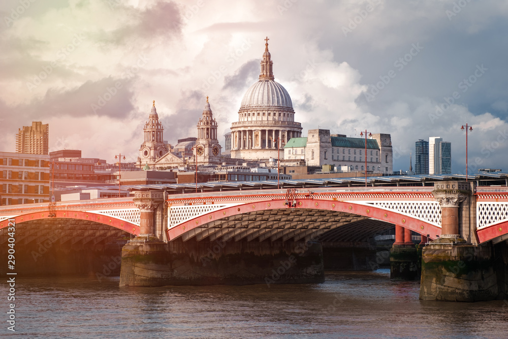 London at sunset with Blackfriars Bridge and Saint Paul Cathedral
