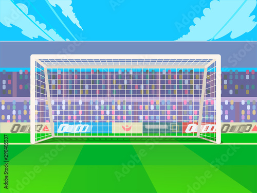 Soccer goalpost with net. Association football goal on field. Qualitative vector illustration for soccer, sport game, championship. Football goal. Soccer game.Vector illustration