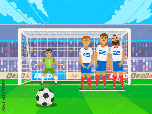 Free kick. Game situation. Penalty shot with goalkeeper at soccer.