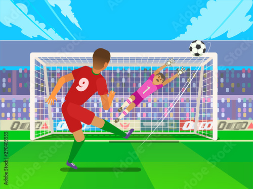 Penalty Soccer Players Defending The Gates. Sportswear flat design. Men on football stadium wearing blue boots with blue socks, green shorts. Football player kicking penalty