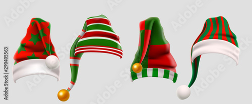 Winter Woolen Elves Hat Christmas Set. Xmas Green and Red Fur Cap Photo Booth Props for Kids. Santa Claus hat. Winter clothes. Christmas 3d realistic vector icon set photo