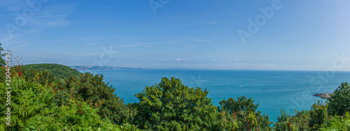 Photography A seascape panorama from a hill with trees and a beautiful flat blue sea water u