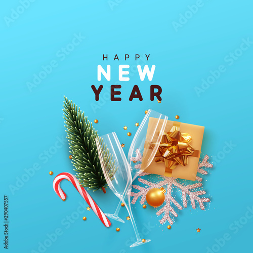 Happy New Year Modern background. Xmas sparkling gold star with gifts box and golden tinsel realistic glasses. Christmas posters, greeting cards, headers, website. Objects viewed from above. Flat lay,