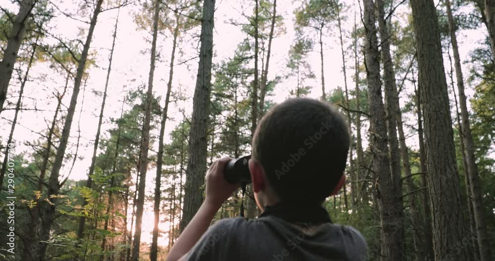 rotating pan shot of young boy looking through binoculars in pine forest rotating pan shot of young boy looking through binoculars in pine forest