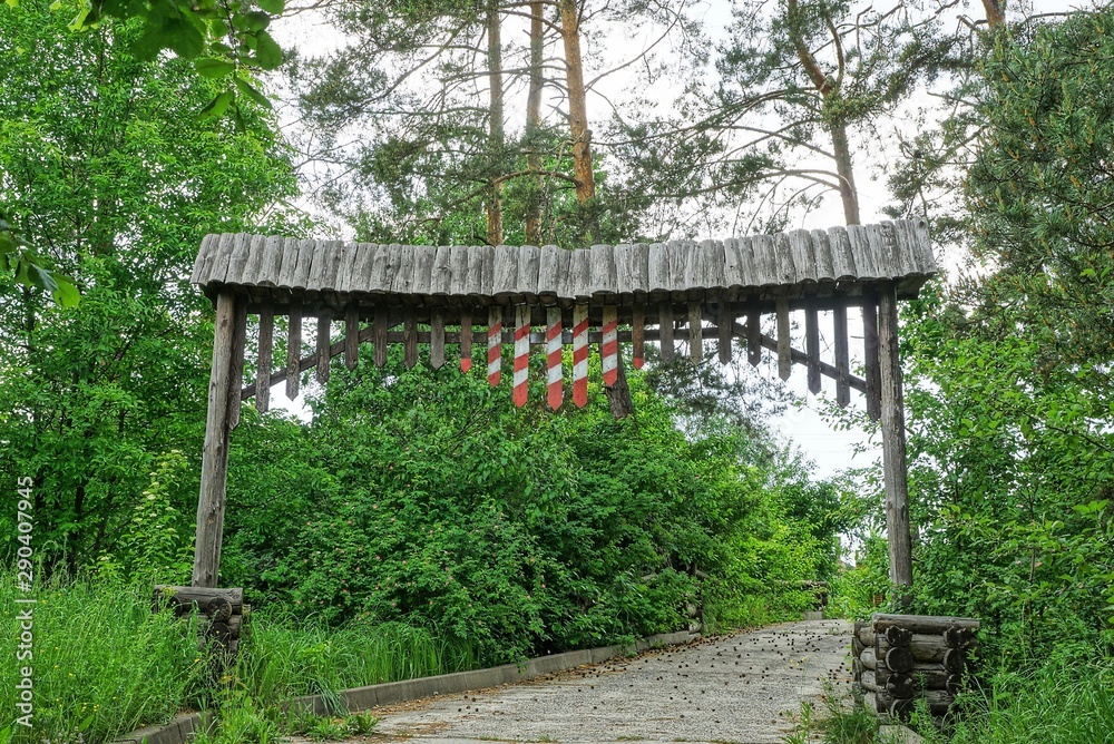 old gray wooden gate on the road in green vegetation