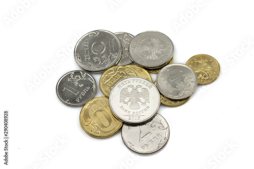 An assorted pile of Russian federation coins shot close up, isolated on a white background