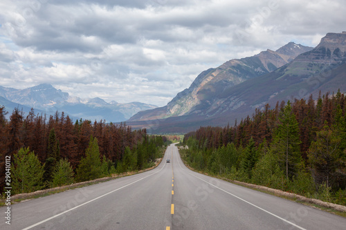 Scenic road in the Canadian Rockies during a vibrant sunny and cloudy summer morning. Taken in Icefields Parkway, Jasper National Park, Alberta, Canada. © edb3_16