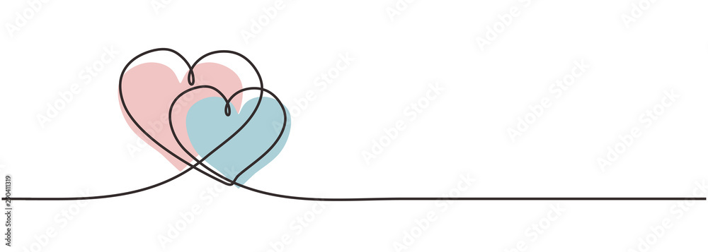 Fototapeta Two hearts embracing each other continuous one line drawing of love concept and romantic symbol for valentine's day greeting design card, poster, and sign. Vector illustration minimalism design.