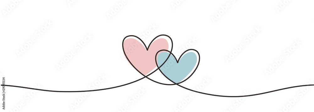 Fototapeta Continuous one line drawing hearts symbol embracing vector illustration minimalism design of love sign. Romantic relationship concept for wedding and Valentine's day card.