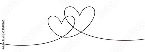 Continuous line drawing two hearts embracing, Black and white vector minimalist illustration of love concept minimalism one hand drawn sketch romantic theme.