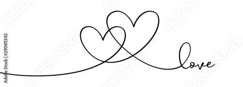 Continuous one line drawing hearts symbol embracing vector illustration minimalism design of love sign. Romantic relationship concept for wedding and Valentine's day card celebration.