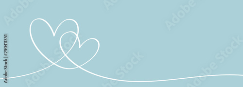 Fototapeta Romantic continuous line drawing of love sign with two hearts embracing symbol. Vector illustration minimalism design on blue pastel color.