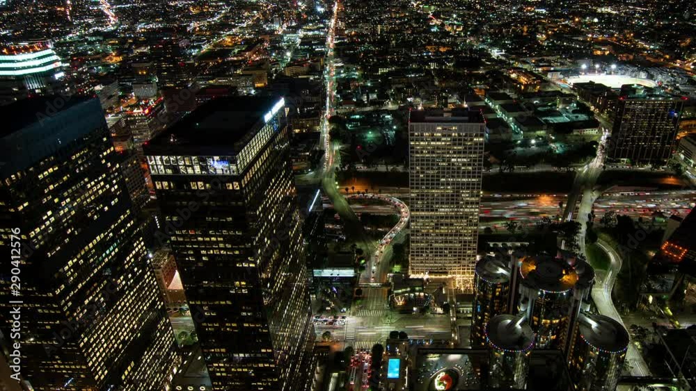 Skyscrapers and traffic at night, Los Angeles, California, United States Skyscrapers and traffic at night, Los Angeles, California, United States