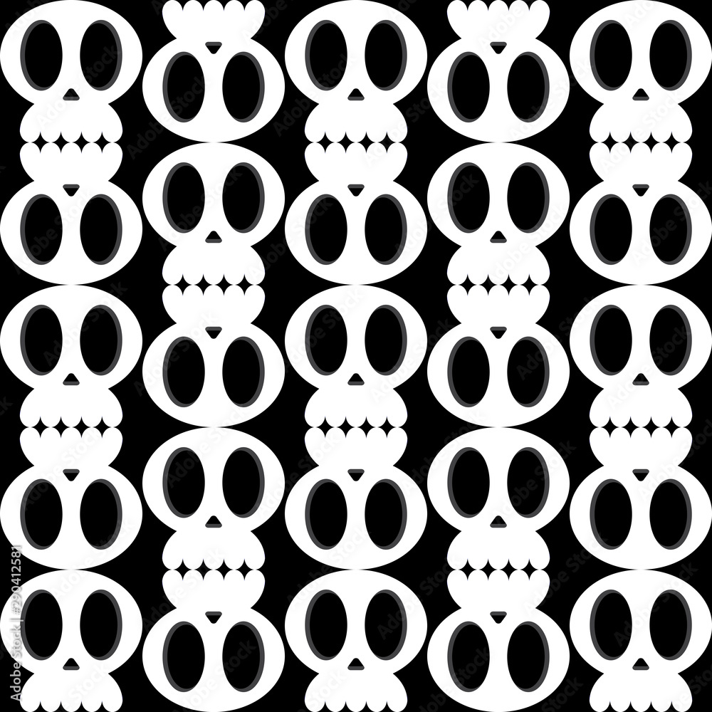 Fototapeta premium Seamless vector funky monocrome pattern of skull. Creepy cute isolated linear black line silhouette of human skull on dark background. Halloween, death theme.