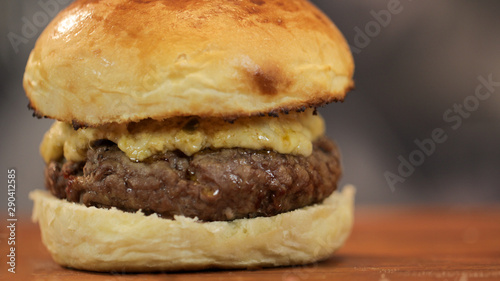 Homemade burger in brioche buns close up