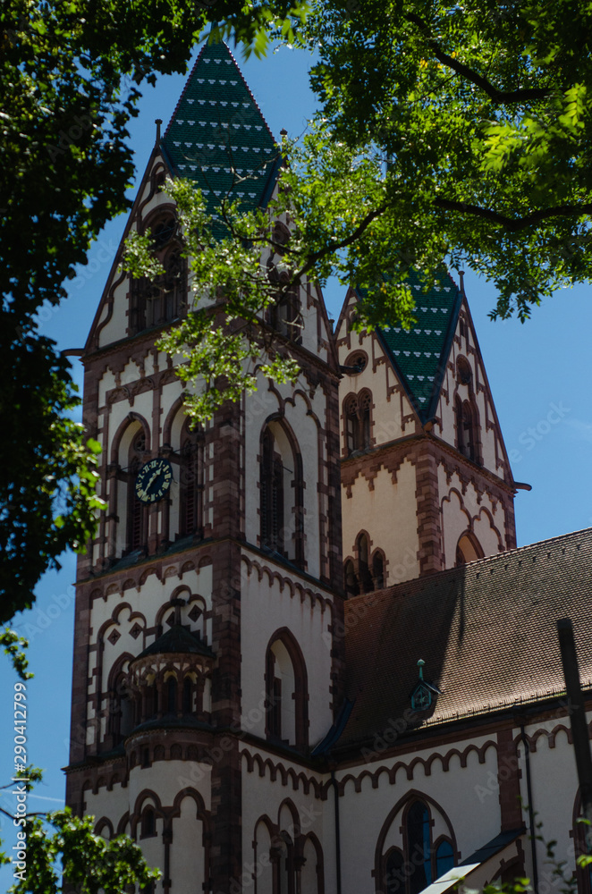 Catholic Herz Jezu Kirche in Freiburg am breisgau Germany on a sunny summer day
