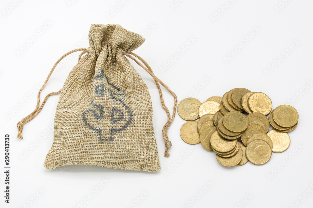 Silver sack bags and coin pile, white background with space, copying the concept of losing money from investment and business Money saving concept Business investment growth Silver sack bags and coin pile, white background with space, copying the concept of losing money from investment and business Money saving concept Business investment growth