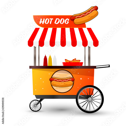 Hot Dog street shop cart design template, fast food logo, app icon, vector illustration