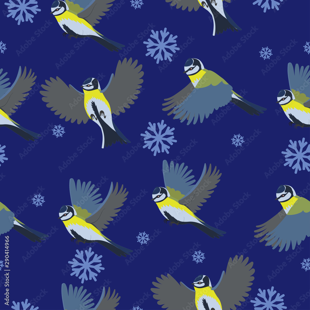 Seamless pattern with titmouse and snowflakes. eps 10