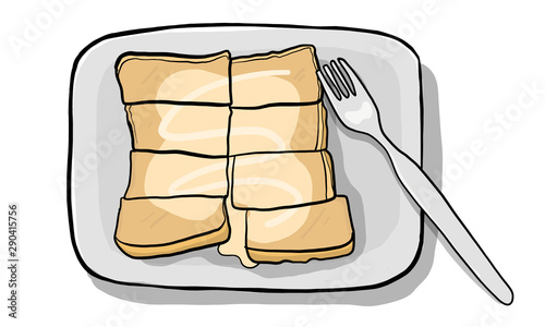 Hand drawn Thai bread grilled with milk on dish. Cartoon vector illustration