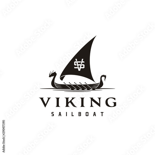 Vintage Traditional Nordic Viking War Ship Drakkar Boat Silhouette Letter V S SV VS Logo design