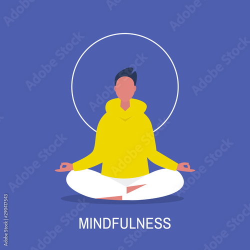 Meditation. Yoga class. Harmony and relaxation. Calm male character sitting in a lotus pose. Flat editable vector illustration, clip art. Modern healthy lifestyle