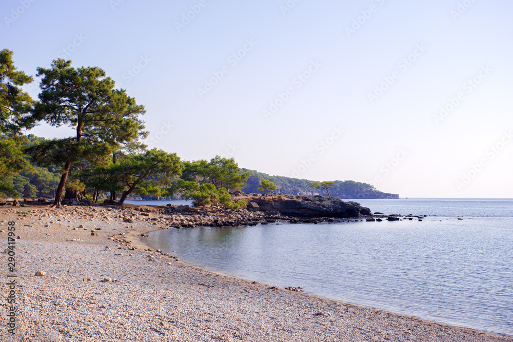 Obraz premium Panoramic view of Mediterranean sea coast at Phaselis, Kemer, Turkey.
