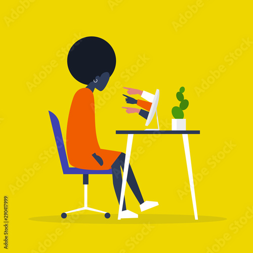 A victim of cyberbullying sitting at the computer. Racism. Sexism. Misogyny. Pointing fingers of haters. Internet aggression. Modern life issues. Millennials. Flat vector illustration, clip art