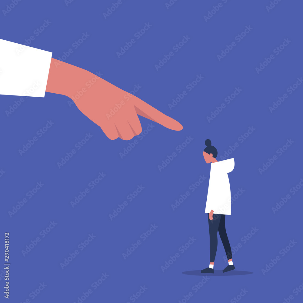 Guilt. Bullying. Victim blaming. Pointing finger. Young depressed